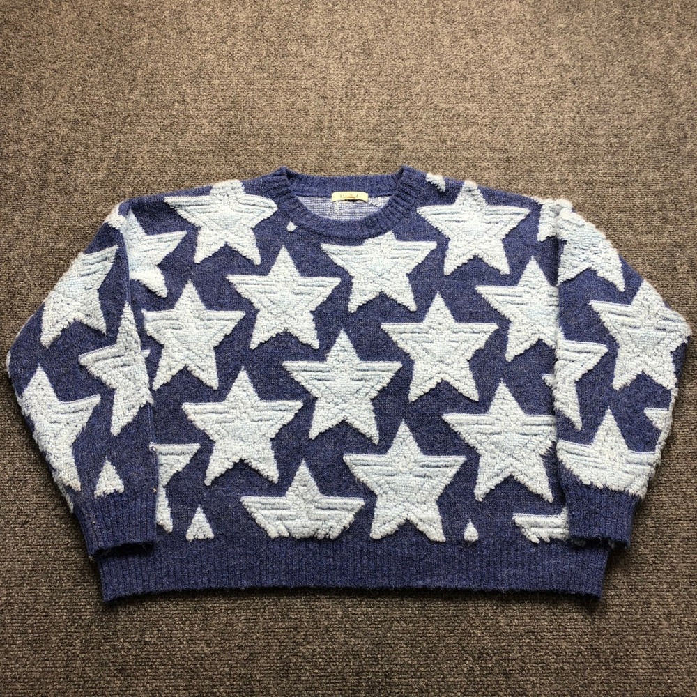 Illa Illa Womens Blue Star Textured Knit Crewneck Sweater Size SM